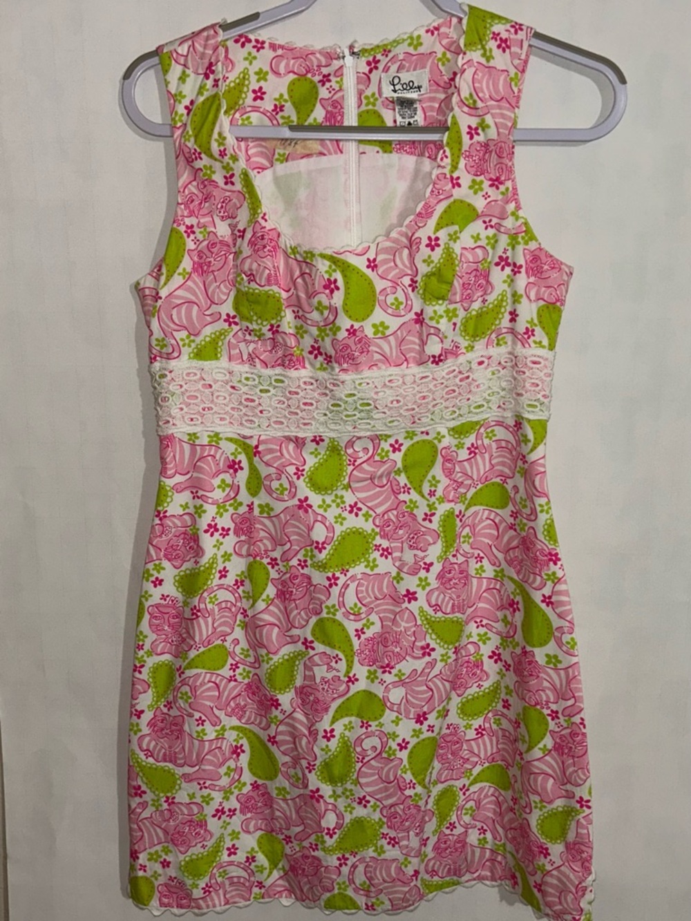 Lilly Pulitzer Mini Shift Dress “Black Jack” White Crochet Lace Waist Sz small